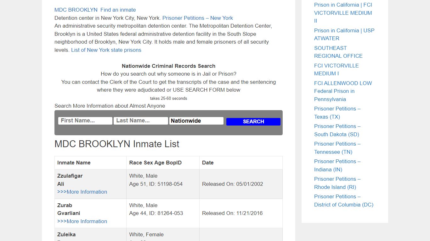 MDC BROOKLYN – Inmate Releases